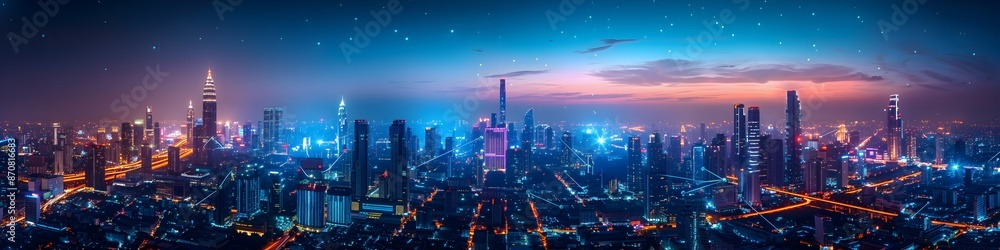 Aerial view Smart cityscape dot point connect with gradient line, connection technology metaverse concept. Bangkok, Thailand night city Aerial view Smart cityscape dot point connect with gradient line, connection technology metaverse concept. Bangkok, Thailand night city