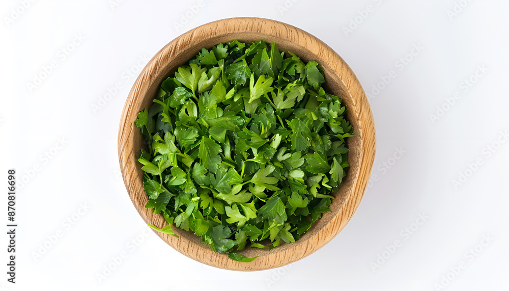 Chopped parsley leaves in wooden bowl isolated on white, top view Chopped parsley leaves in wooden bowl isolated on white, top view