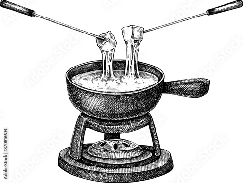 Cheese fondue sketch. Hand-drawn food illustration. Melted cheese icon. French cuisine menu design element. Top view