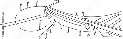 Megapolis. Continuous line drawing.Illustration of the highway and cityscape of the city. Vector