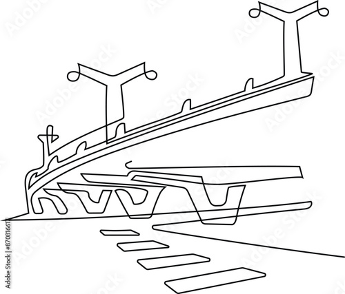 Megapolis. Difficult transport interchanges. Overpasses and bridges. Continuous line drawing. Vector