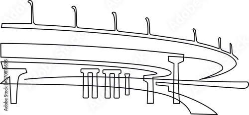 Megapolis. Difficult transport interchanges. Overpasses and bridges. Continuous line drawing. Vector