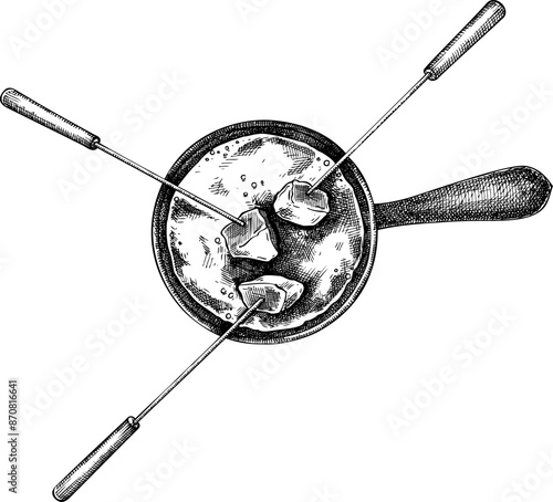 Cheese fondue sketch. Hand-drawn food illustration. Melted cheese icon. French cuisine menu design element. Top view