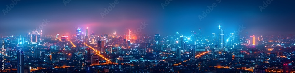 Aerial view Smart cityscape dot point connect with gradient line, connection technology metaverse concept. Bangkok, Thailand night city Aerial view Smart cityscape dot point connect with gradient line, connection technology metaverse concept. Bangkok, Thailand night city