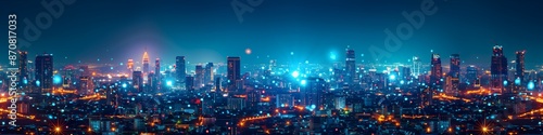 Aerial view Smart cityscape dot point connect with gradient line  connection technology metaverse concept. Bangkok  Thailand night city