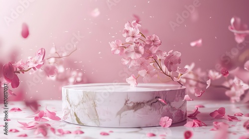 premium podium stone template falling nature splay pastel petals blossom 3d marble pink 3d background product flower render pedestal valentine beauty minimal presentation cosmetic peony.