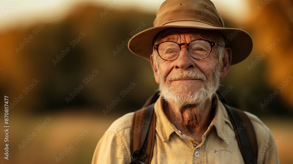 A close-up portrait of an elderly man wearing glasses and a hat smiling for the camera A close-up portrait of an elderly man wearing glasses and a hat smiling for the camera