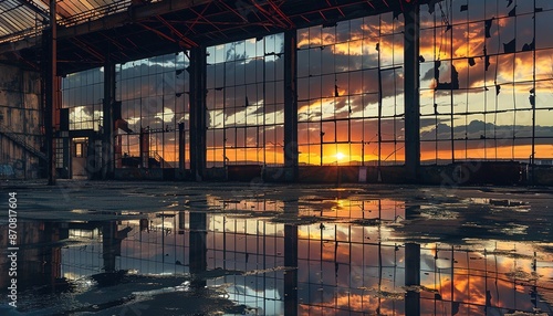 Abandoned Industrial Warehouse Reflecting Sunset Sky, cartoon landscape