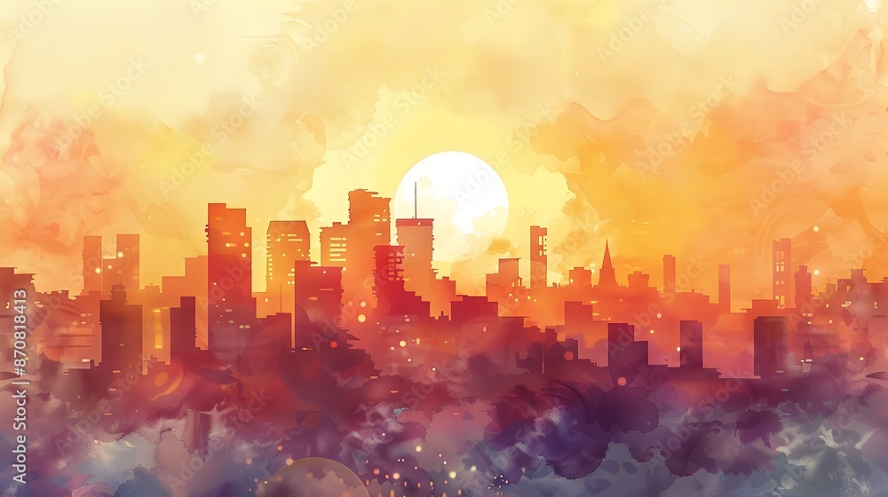 Fototapeta premium Vibrant Watercolor Cityscape with Architectural Beauty
