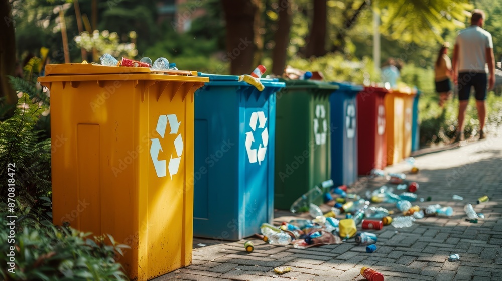 Fototapeta premium Colorful recycling bins with scattered plastic bottles in a park symbolizing environmental awareness and sustainability