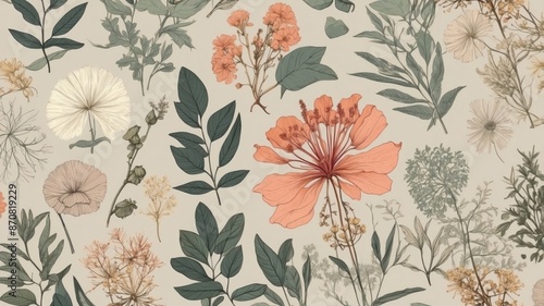 Beautiful pattern wallpaper in plants and flowers, engraving, sketch