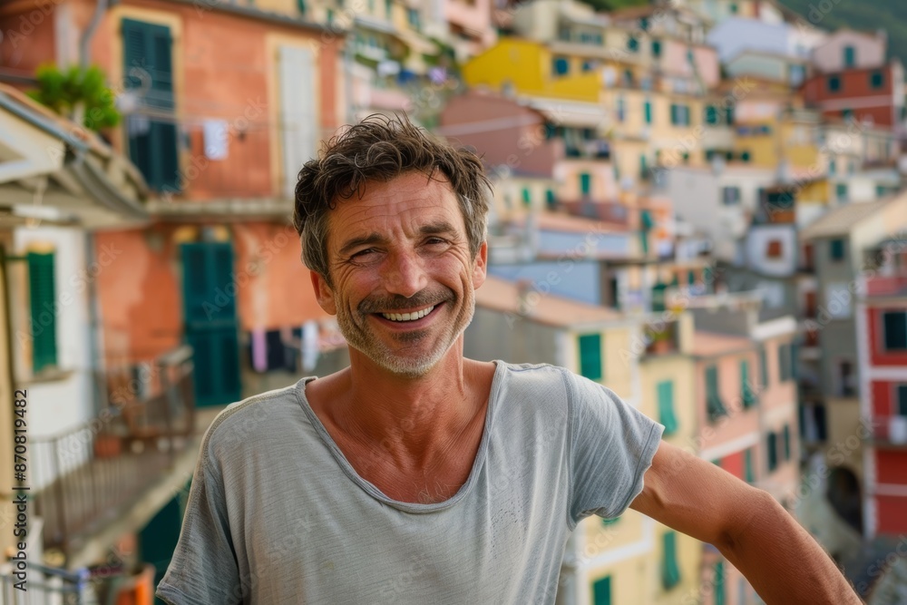 Portrait of a smiling man in his 40s donning a trendy cropped top in front of picturesque seaside village Portrait of a smiling man in his 40s donning a trendy cropped top in front of picturesque seaside village