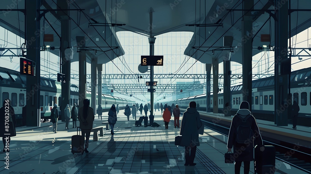 A rainy day at a train station with people waiting for their trains