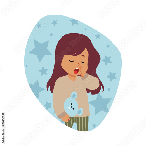 Sleepy child in pajamas, with a toy in his hand, starry background.