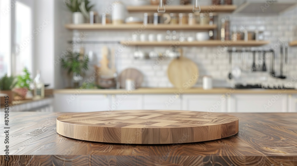 Empty beautiful round wood tabletop counter on interior in clean and bright kitchen background, Ready for display, Banner, for product montage. copy space for text. Empty beautiful round wood tabletop counter on interior in clean and bright kitchen background, Ready for display, Banner, for product montage. copy space for text.