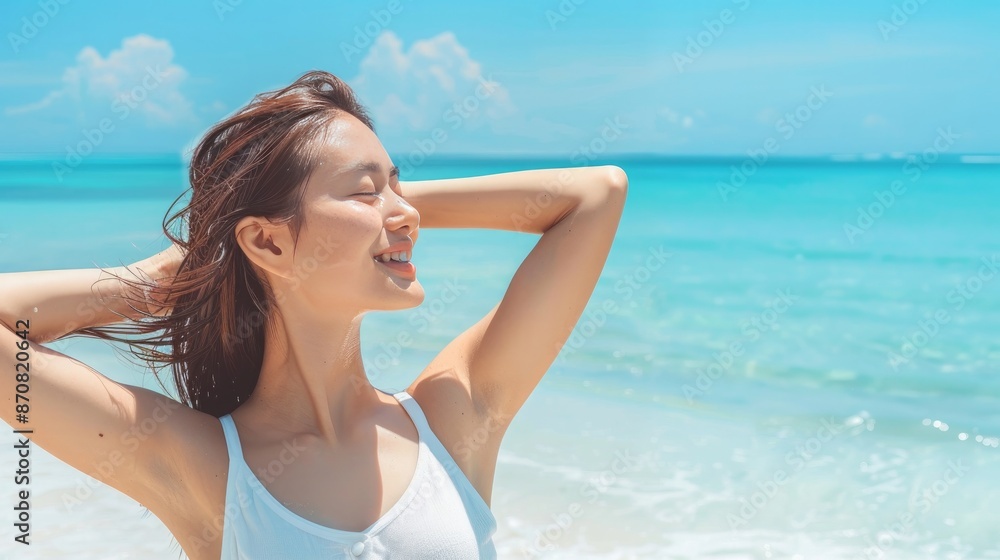 Banner woman relaxing touching her hair wellness summer holiday ocean beach panoramic background on tropical Caribbean summer vacation panorama. Asian girl breathing clean air. Banner woman relaxing touching her hair wellness summer holiday ocean beach panoramic background on tropical Caribbean summer vacation panorama. Asian girl breathing clean air.