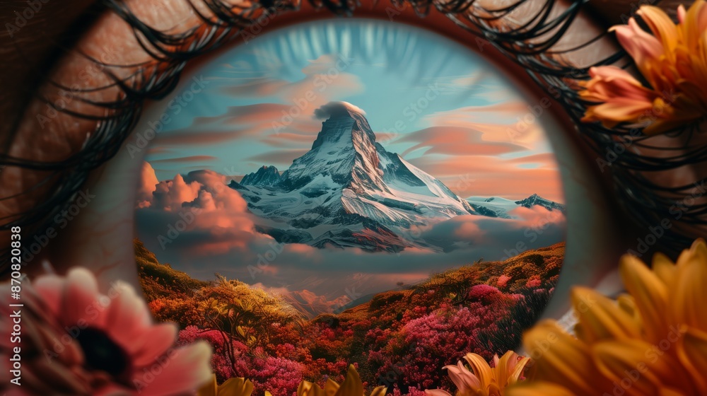 Eye captures flowers and mountain peak Eye captures flowers and mountain peak