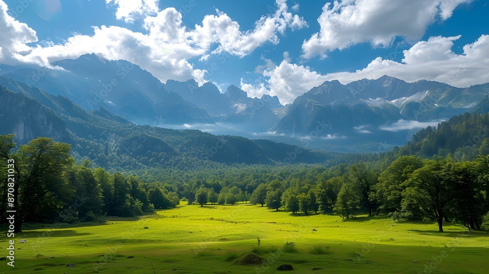 Obraz premium Beautiful mountain landscape with green meadow and blue sky