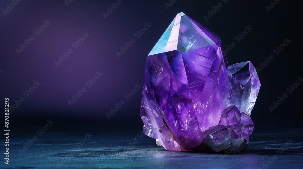 A single purple amethyst crystal stands out against a dark background, attracting attention with its beautiful structure. A single purple amethyst crystal stands out against a dark background, attracting attention with its beautiful structure.