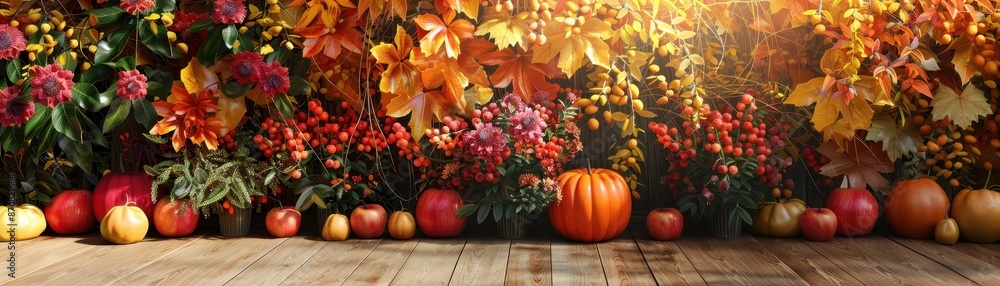 Vibrant autumn scene with pumpkins and colorful leaves on wooden floor, basking in warm sunlight, perfect for seasonal and holiday themes. Vibrant autumn scene with pumpkins and colorful leaves on wooden floor, basking in warm sunlight, perfect for seasonal and holiday themes.