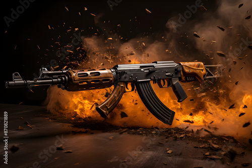 Dramatic depiction of AK 47 in action - A vivid manifestation of raw power and precision photo