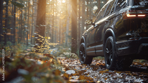 A modern black crossover SUV stands against the backdrop of a lush green forest, its shiny paint reflecting the sunlight. photo