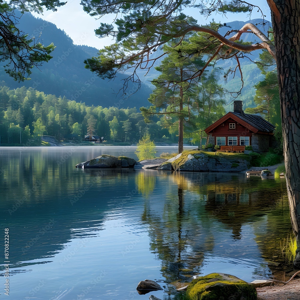 Obraz premium Tranquil Cabin on the Lake
