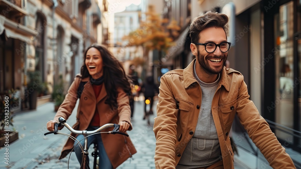 Happy casual business friends going to work with bicycle in the city. copy space for text. Happy casual business friends going to work with bicycle in the city. copy space for text.
