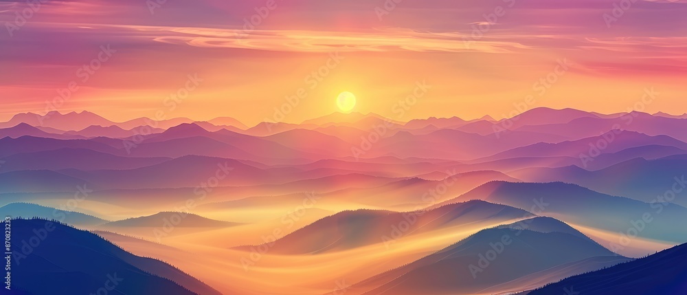Rolling hills and serene nature scene at twilight landscape background with sunrise over misty mountains dramatic sky Rolling hills and serene nature scene at twilight landscape background with sunrise over misty mountains dramatic sky