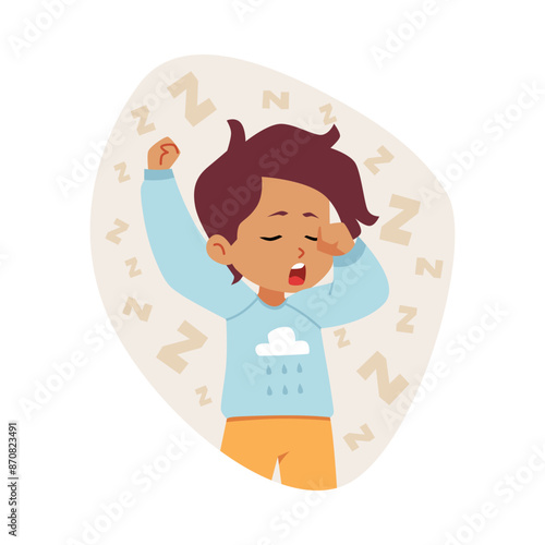 A vector illustration depicting a yawning a little boy in pajamas, ready for bed