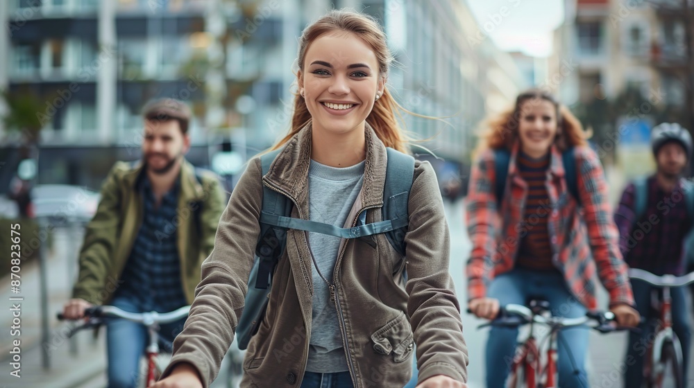 Fototapeta premium Happy casual business friends going to work with bicycle in the city. copy space for text.