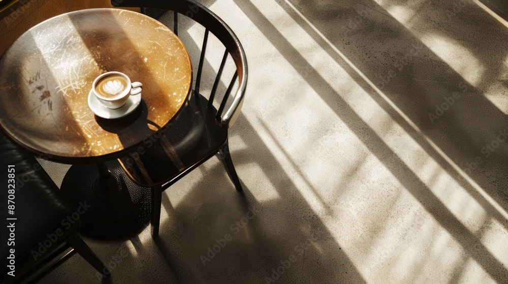 The simple wooden table and the cup of coffee on it, along with the empty minimalist black chair in the minimalist room, are amplified by the soft morning sunlight, creating a touching and calming at The simple wooden table and the cup of coffee on it, along with the empty minimalist black chair in the minimalist room, are amplified by the soft morning sunlight, creating a touching and calming at