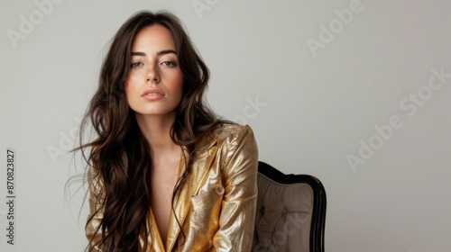 Portrait of a beautiful woman with a long hair in a golden shiny jacket. Young brunette woman in shiny sits on chair. Beauti photo