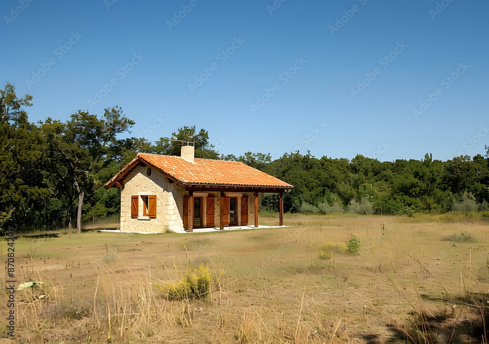 Small stone house in the middle of a dry grass field Small stone house in the middle of a dry grass field