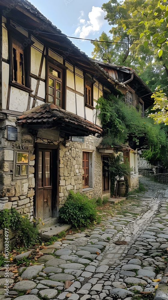 An old stone house with a cobblestone street in front of it An old stone house with a cobblestone street in front of it