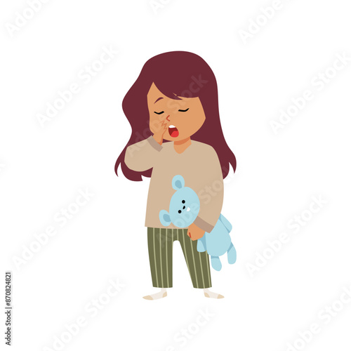 Cute sleepy girl wearing pajamas standing with teddy bear toy and yawning vector flat illustration kid waking up bedtime
