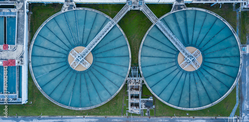 Fotografija Aerial view of sewage water treatment plant, Purification process water cleaning facility wastewater treatment plant, Water treatment plant recycling plant, Recirculation solid contact clarifier