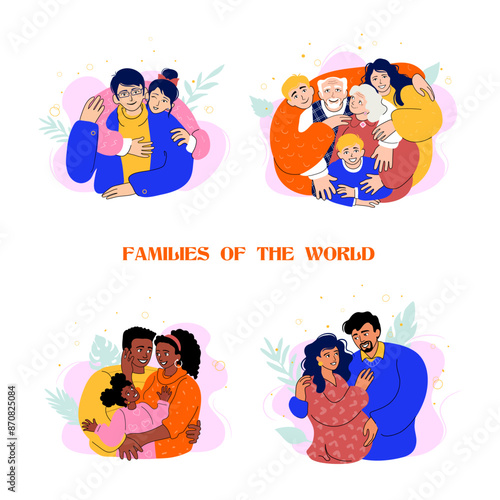 Happy diverse families, tender hug. Doodles