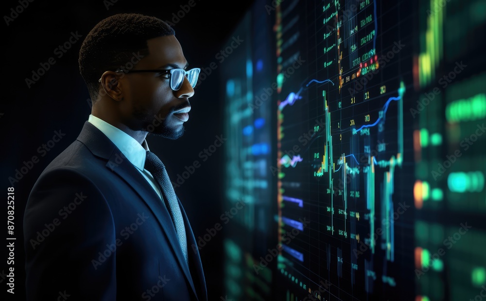 Side view of African-American businessman in suit and eyeglasses looking at stock market data. Double exposure Side view of African-American businessman in suit and eyeglasses looking at stock market data. Double exposure