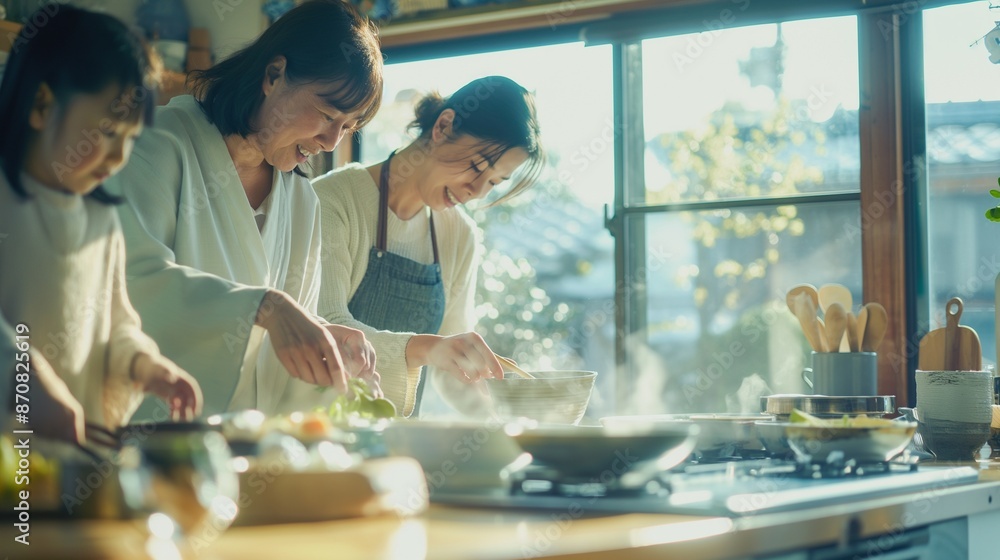 A Japanese family preparing a traditional breakfast in a bright, airy kitchen. Focus on the family working together, with a close-up of hands making miso soup and setting the table. A Japanese family preparing a traditional breakfast in a bright, airy kitchen. Focus on the family working together, with a close-up of hands making miso soup and setting the table.