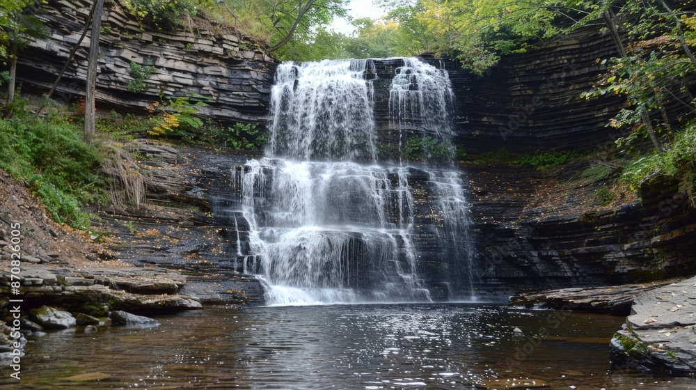 Fototapeta premium The waterfall's plunge creates a natural amphitheater, amplifying the sound of its roaring waters.