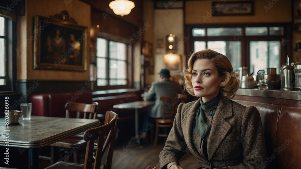 Fototapeta premium A Woman Immersed in Thoughtful Reverie, Amidst the Ambient Glow of a Cozy Café, Captured in the Gentle Hues of Morning Light