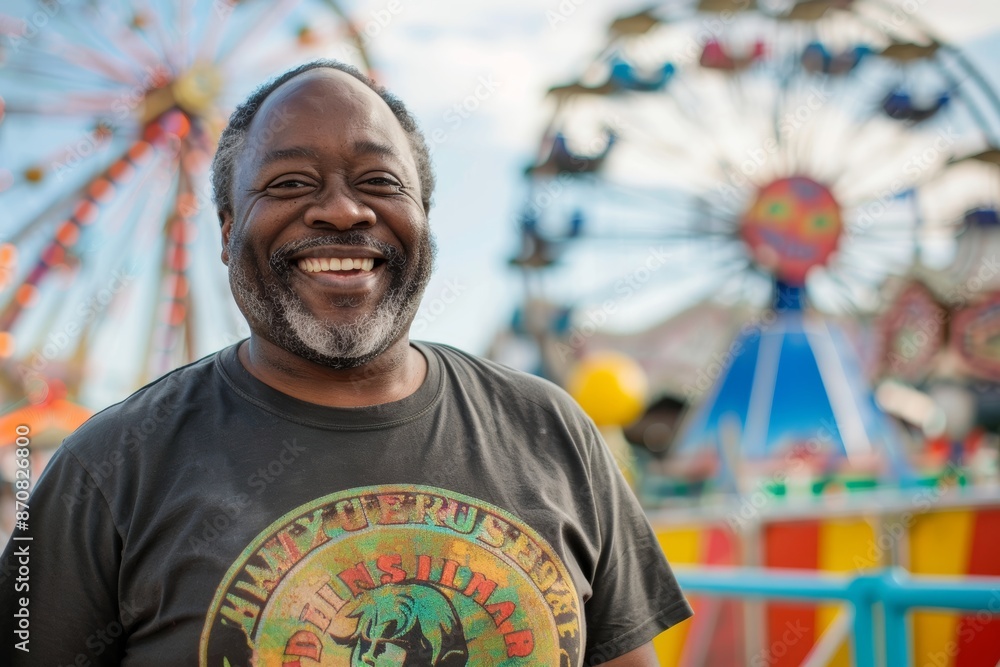 Portrait of a glad afro-american man in his 40s sporting a vintage band t-shirt in vibrant amusement park Portrait of a glad afro-american man in his 40s sporting a vintage band t-shirt in vibrant amusement park