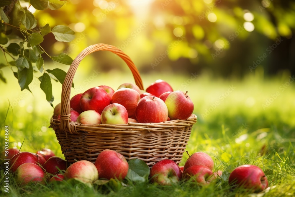 A basket full of red apples on a grass in sunny orchard A basket full of red apples on a grass in sunny orchard