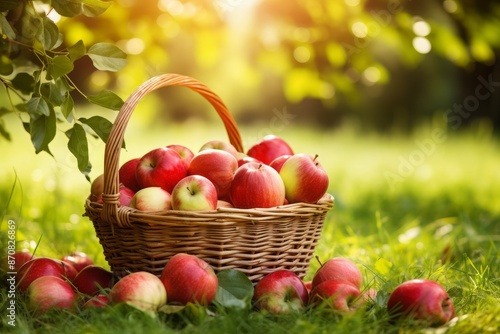 A basket full of red apples on a grass in sunny orchard