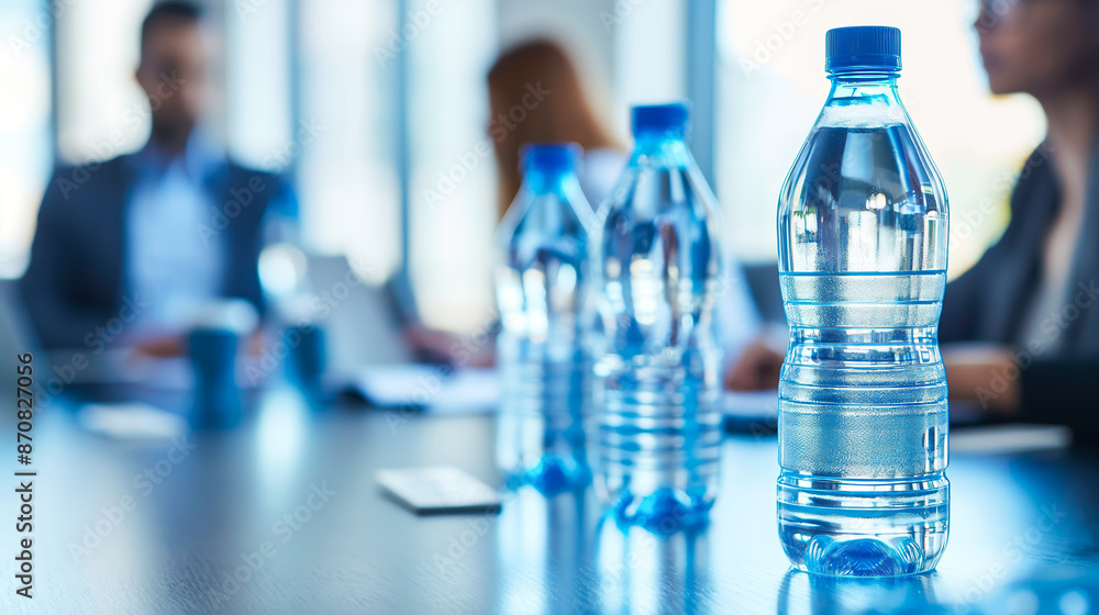 A professional setting with a group of colleagues discussing around a meeting table with personal water bottles in view to promote hydration and wellness at work. A professional setting with a group of colleagues discussing around a meeting table with personal water bottles in view to promote hydration and wellness at work.