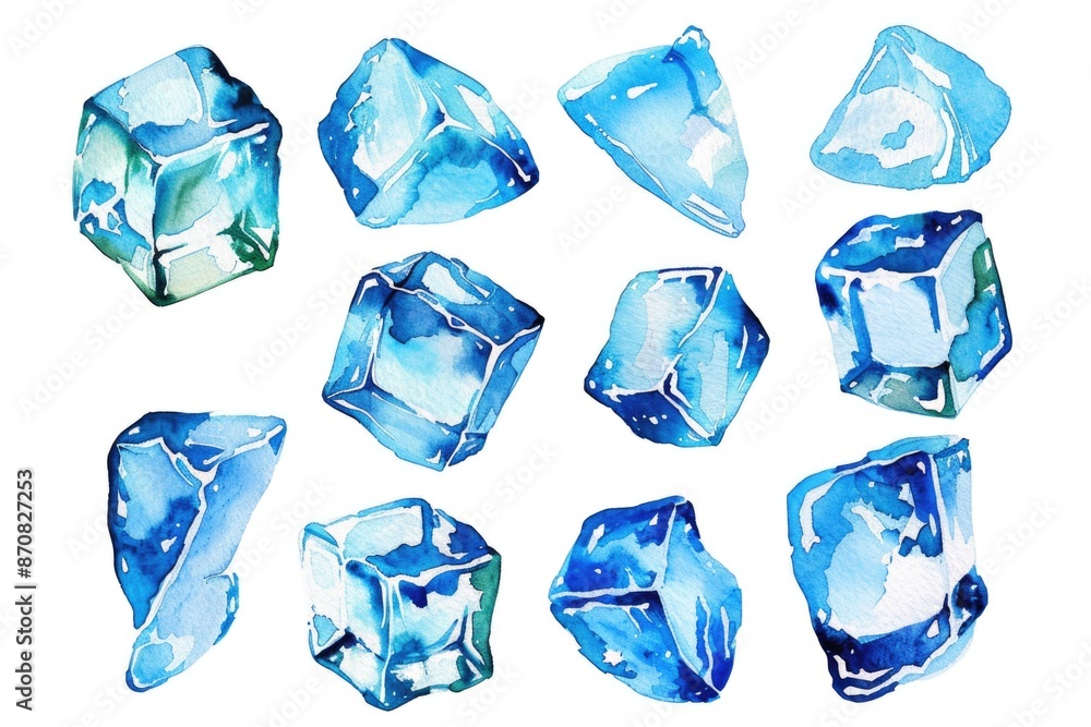 Obraz premium A cluster of blue ice cubes sit on a white background, perfect for use in scientific or commercial applications