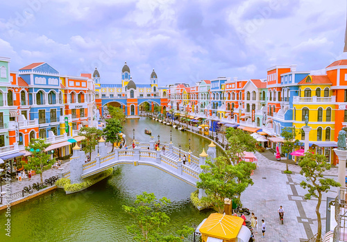 View Of Colorful Houses And Canal At Grand World Complex In Phu Quoc Island, Vietnam.