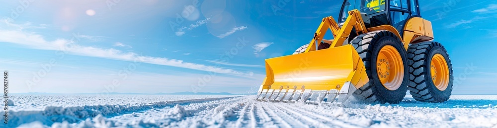 A yellow skid lift working on the road with blur blue sky background A yellow skid lift working on the road with blur blue sky background