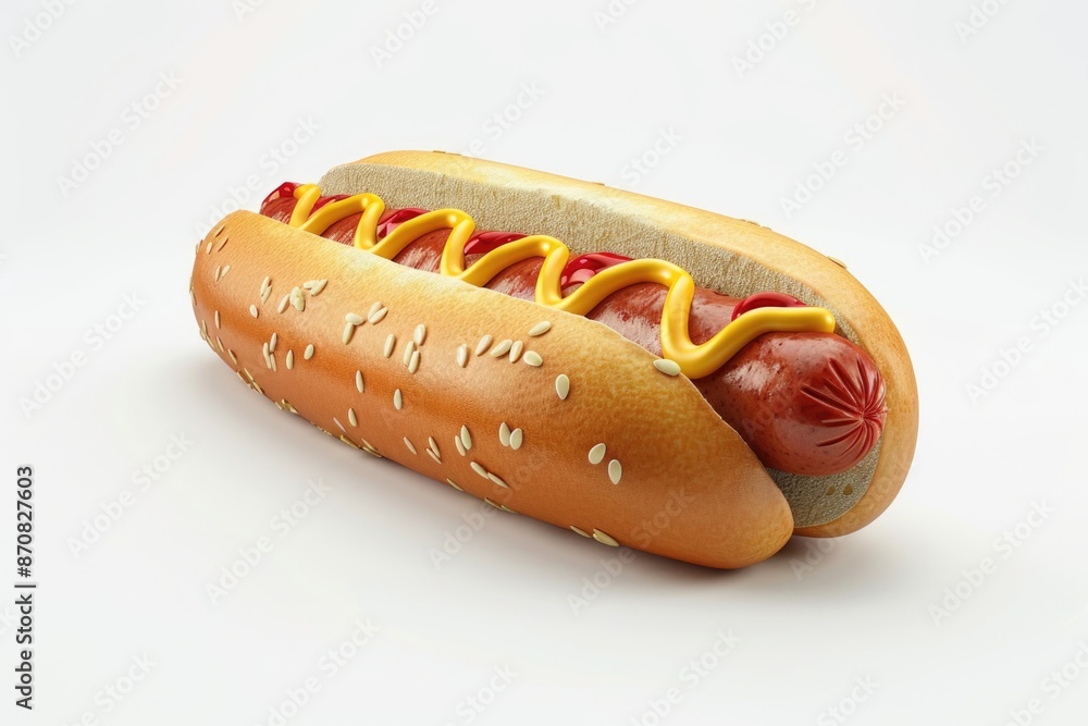 A close-up shot of a hot dog topped with yellow mustard and bright red ketchup A close-up shot of a hot dog topped with yellow mustard and bright red ketchup